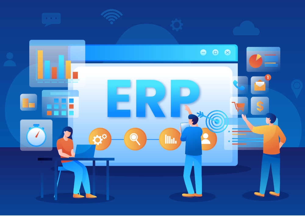 Illustration showcasing essential ERP implementation documents like scope, business needs, data migration, and training plans for successful system deployment.